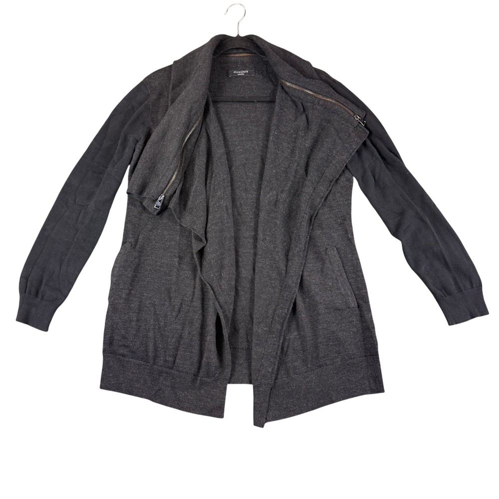 AllSaints Charcoal Grey Wool Asymmetrical Zip‎ Draped Cardigan Cotton Sleeve M